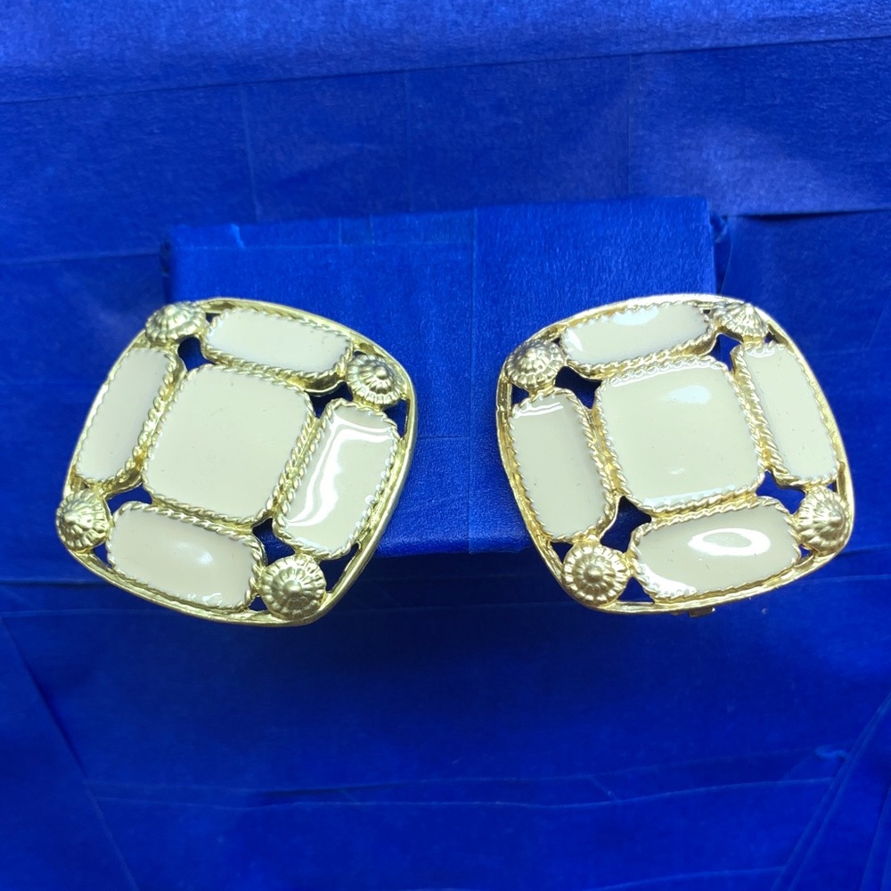 Gold-Tone and Cream Enamel Square Clip-On Earrings